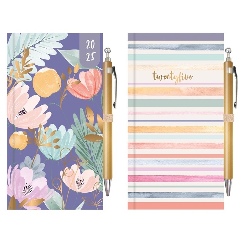 £1.99 SLIM FLORAL STRIPE 2025 DIARY& PEN Greenheys Sundries